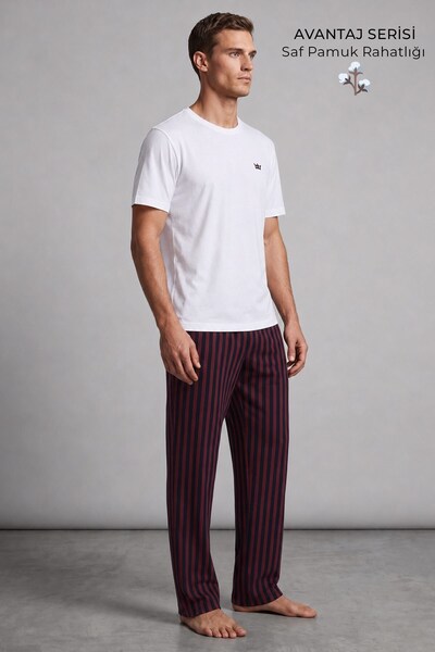 Mısırlı Egyptian Men's Cotton Striped Pajama Set White-Claret Red