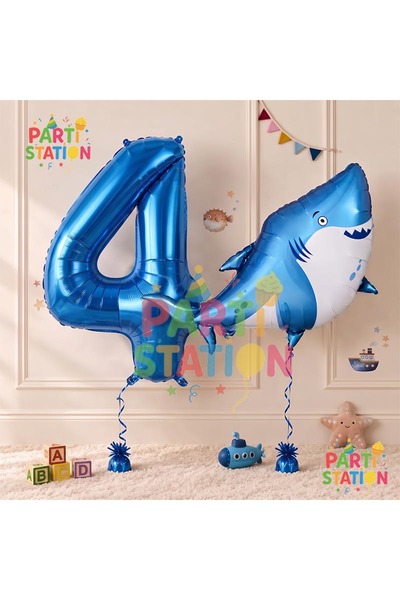 Parti Station Köpek Balığı Balon 4 Yaş Doğum Günü Balon Set Köpek Balığı Kons...