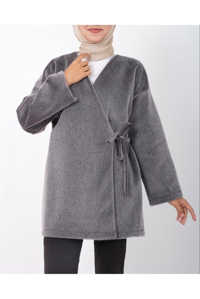 Generic Brand Side-Tie Raglan Sleeve Hip-Length Fur Jacket - Smoked