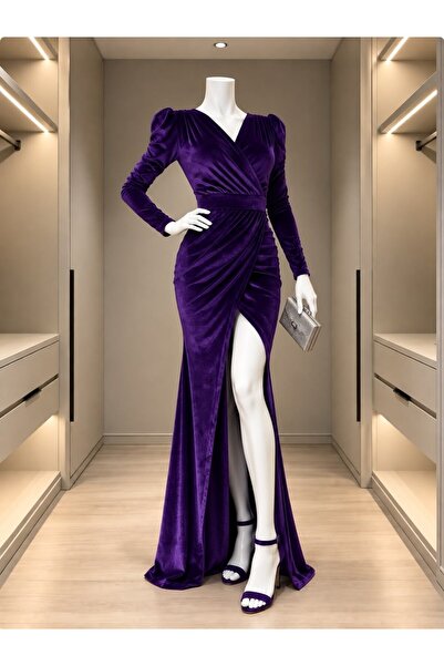 Modafeminen Rochie de seară din catifea, cu decolteu dublu, cu fante, lungă, ...