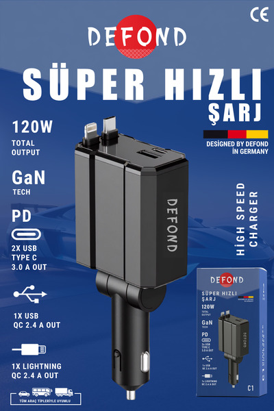 DEFOND Usb C Typec Araç Şarj Aleti,4'ü 1 Arada Hızlı Şarz Araç 66w Araç Usb Ş...