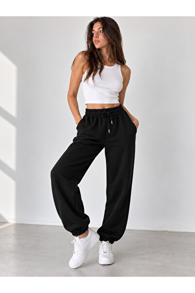 POLYMOOD Black Winter Combed Cotton Fleece Lined 3 Thread Jogger Pants