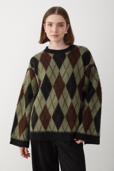 JASTE Kadın Yeşil Oversize Argyle Desenli Triko Kazak