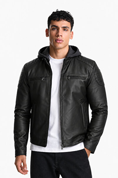 NET OF NOT Yeni Sezon Su Geçirmez Slim Fit Kapüşonlu Premium Kumaş Siyah Erke...
