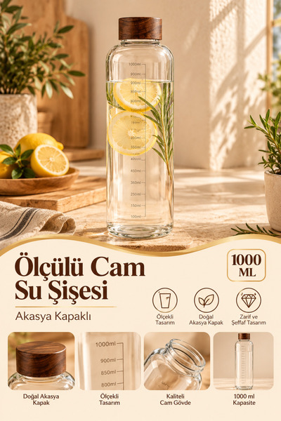 Poomy Akasya Kapaklı 1 Litre Ölçü Çizgili Cam Su Şişesi Matara - 1000ml Sızdı...