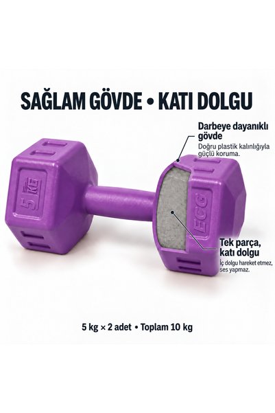 ECG Spor 5 Kg Dambıl Seti 5 Kg X 2 Adet Toplam 10 Kg Ağırlık Seti Mor
