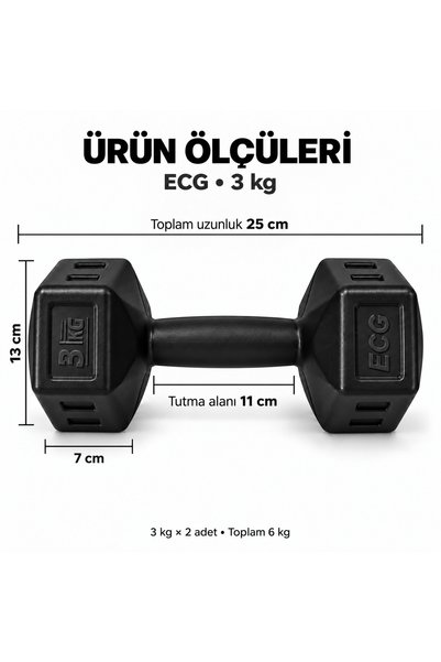 ECG SPOR 3 KG Dambıl Seti Fitness ve Ağırlık Seti Siyah