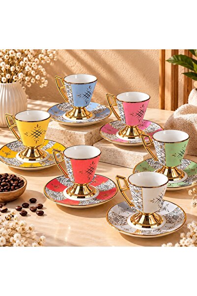 DECOFORM 6 Kişilik Gold Yaldızlı Ayaklı Kahve Fincanı Seti/Modern Geometrik D...