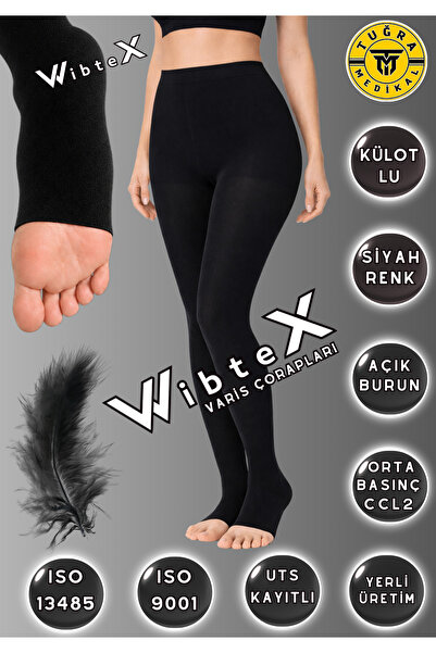 WibteX Külotlu Variss Çorabı Orta Basınç Burnu Açık (SİYAH RENK) (ÇİFT BACAK)