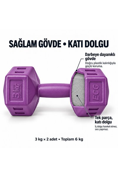 ECG Spor 3 Kg Mor Dambıl Seti 3 Kg X 2 Adet Toplam 6 Kg Ağırlık Seti