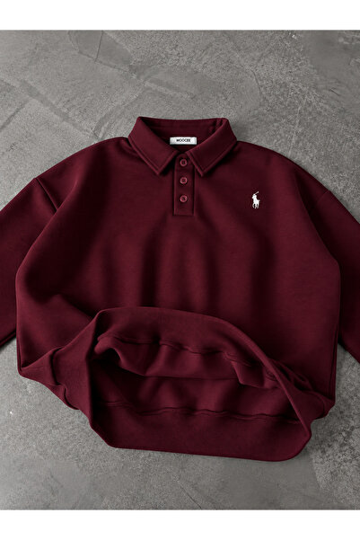 Violon Polo Yaka Nakış Detaylı Basic Oversize Unisex Sweatshirt