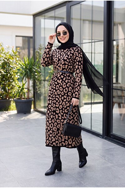 Modamorfo Round Neck Patterned Knitwear Dress - Black