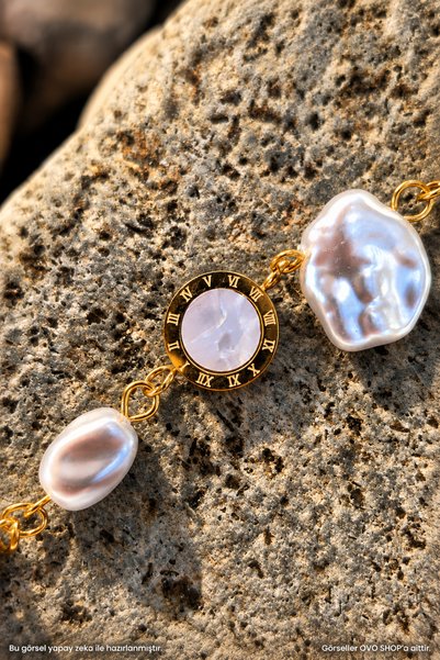 OVO SHOP Natural Pearl Formed Look Gold 316L Stainless Steel Bracelet