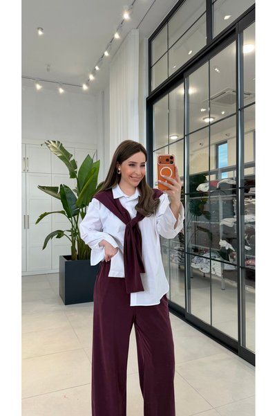 elifteke Tie-Down Blouse Detailed Shirt Suit in Burgundy