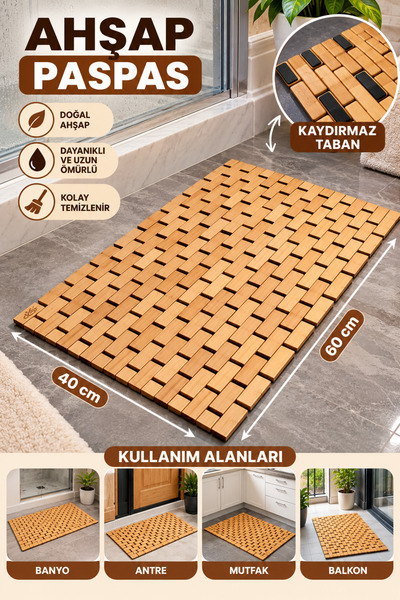 MİMOZA PARK 60X40 CM Banyo duş Kaydırmaz Bantlı - Bambu Banyo Paspası