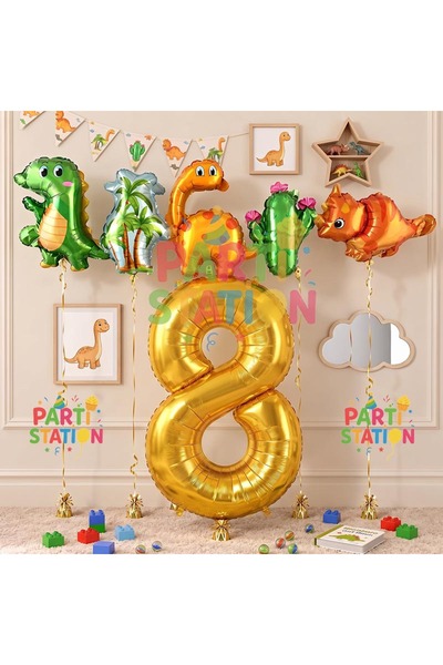 Parti Station Golden Color Dinosaur with Number Balloons 8 Years Birthday Par...