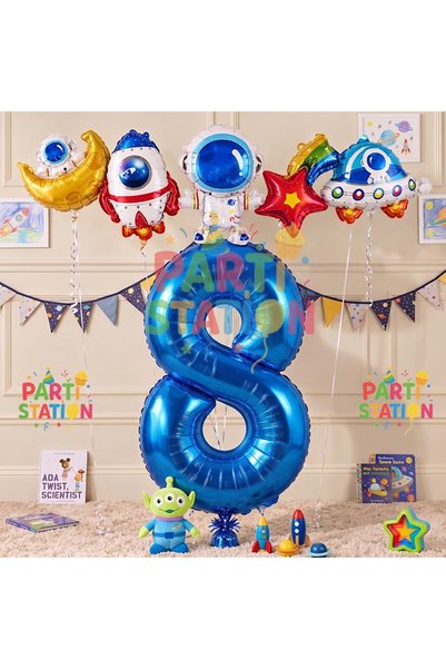 Parti Station Navy Blue Color Number Balloon Space Concept 8 Years Birthday B...