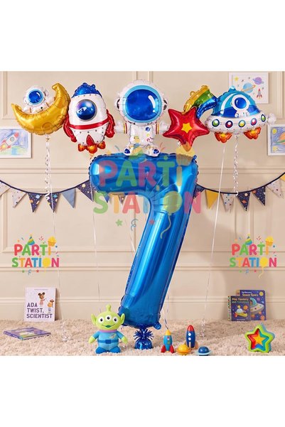 Parti Station Navy Blue Color Number Balloon Space Concept 7 Years Birthday B...