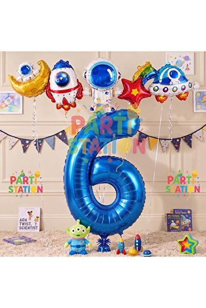 Parti Station Navy Blue Color Number Balloon Space Concept 6 Years Birthday B...