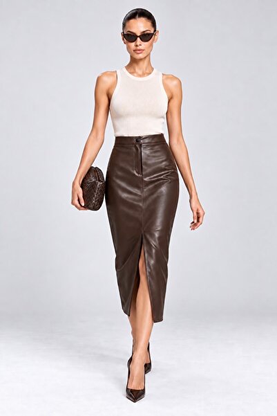 Grenj Fashion Καφέ άνοιγμα Ψηλόμεση μάξι φούστα από συνθετικό δέρμα