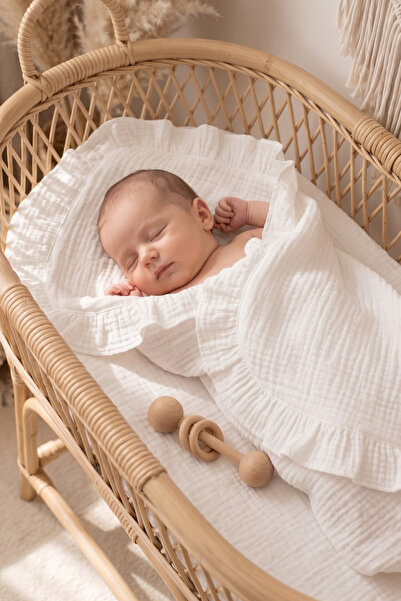 HEİANMONO White Color 4 Layer Muslin Ruffled Baby Blanket (100X100)