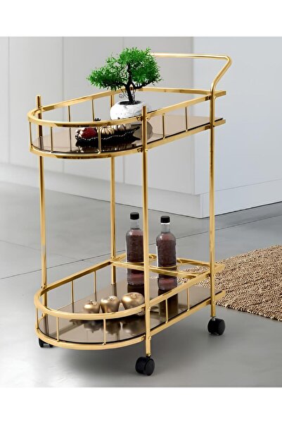 Servis Arabası Bronz Camlı Metal Gövde Tekerlekli Çok Amaçlı Sunum Arabası Şık Modern Tasarım