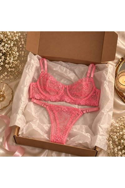 L&S LOVESECRET Çiçek İşlemeli Balenli Tül Sütyen/ Tanga Takım