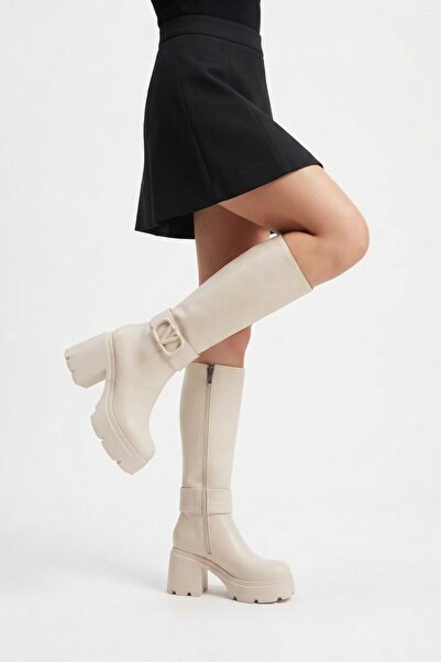 Zerenyus Moki Premium Beige V Detailed High Comfortable Heeled Short Boots