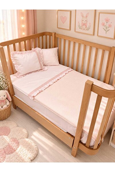 Sallhome Pudra Pembe Dantel ve Fırfır Detaylı %100 Pamuk Bebek Pike Takımı – 4 Parça
