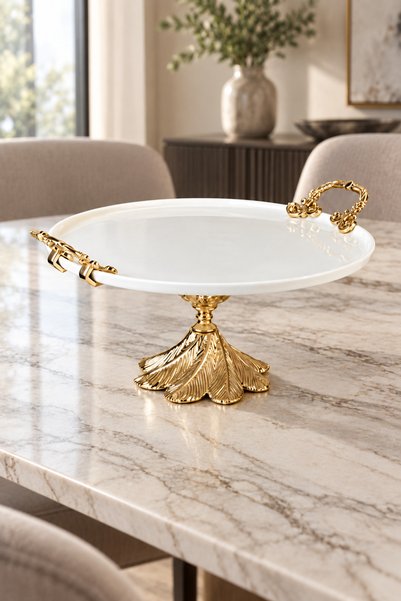 MAY HOME Kand Metal Ayaklı Kulplu Porselen Sunumluk Tabak Servislik Tepsi