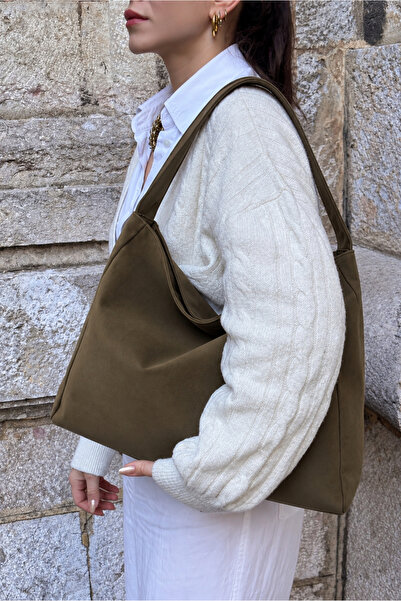 Yuka Atelier Süet Creme Salaş Görünümlü Shopper Çanta - Haki