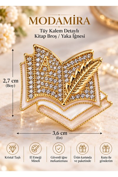 modamira Tüy Kalem Detaylı Kitap Broş/Yaka İğnesi El Emeği Mineli Kristal Taşlı
