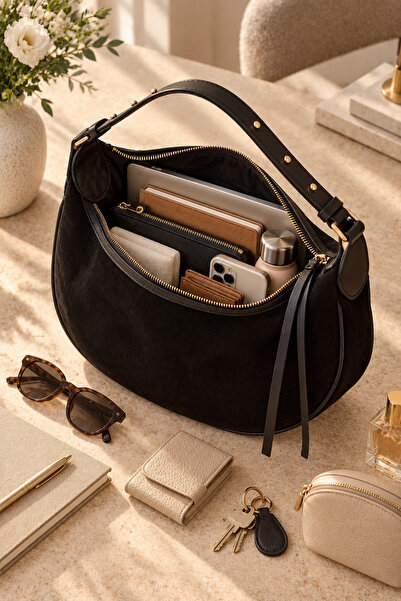 SOHO Original Women's Suede Luxury Soft Leather Vintage Half Moon Shape Trendy Model Zippered Large Main Compartment Internal Pocket Modern City Style Daily Stylish Hand and Shoulder Bag |   22X38X8 cm - Black
