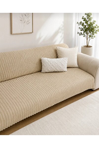 TOPRAK & HOME Premium Şönil Koltuk Örtüsü 175x215 cm Kesik Çizgi Desenli Kaymaz Yıkanabilir Jakarlı Çekyat Kanepe Örtüsü