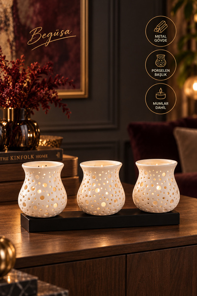 Begüsa Ravel 3.lü Tealight Porselen Mumluk Siyah | Dekoratif Üçlü Mumluk Seti...