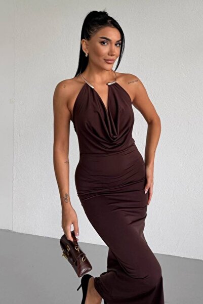 By BAYANA Metal Accessory Detailed Open Back Slit Maxi Length Women's Evening...