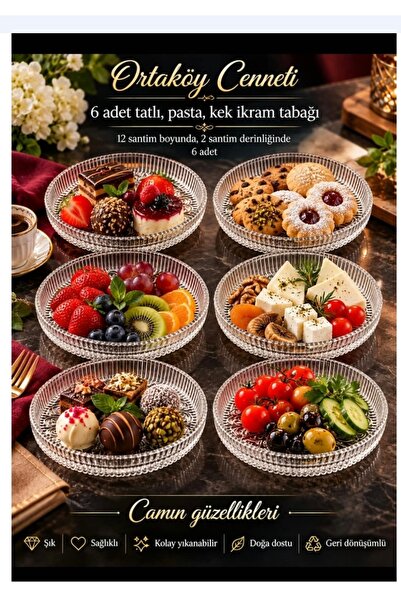 Genel Markalar Alya Desenli Dik Tabak - 6 Lı Cam Sunumluk Pasta Kurabiye Tatl...