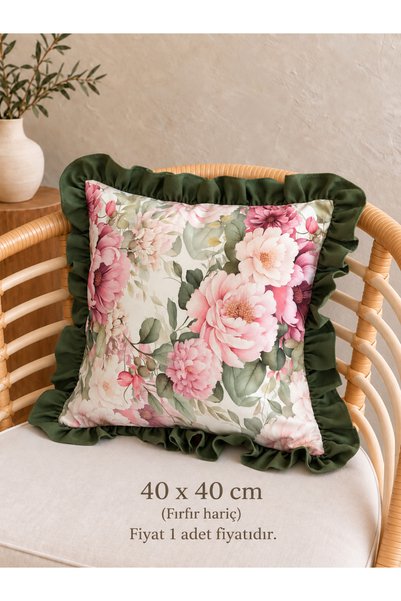 Decamor home Roza Ruffled Floral Patterned Green / Pink Throw Pillow Cover
