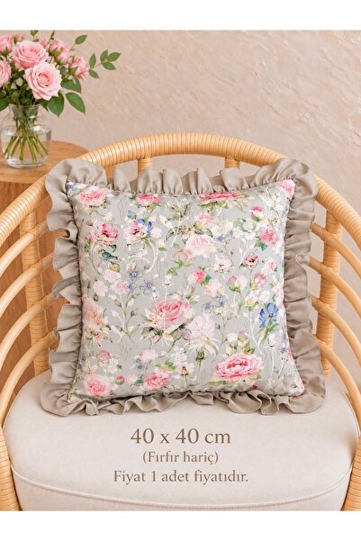 Decamor home Retro Rose and Bird Patterned Beige Ruffled Throw Pillow Cover 1 Pc