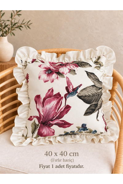 Decamor home Roza Floral Patterned Ecru Plum Ruffled Throw Pillow Cover 1 Pc