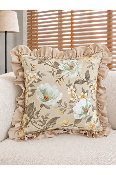 Decamor home Retro Magnolia Flower Pattern Beige Ruffled Throw Pillow Cover 1 Pc