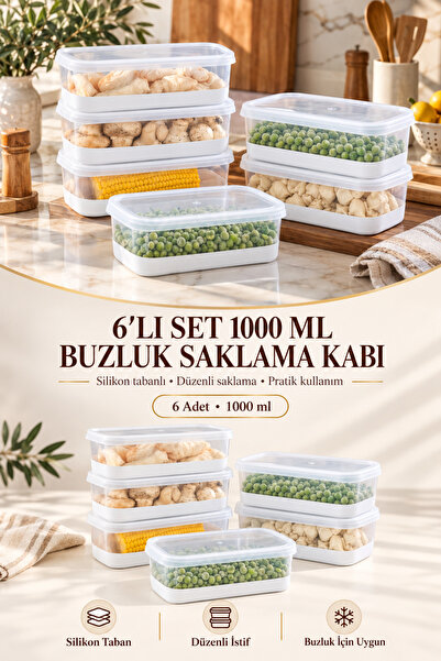 Poomy 6'Lı Set Silikon Tabanlı Dikdörtgen 1000 ml Difriz Saklama Kabı - Derin...