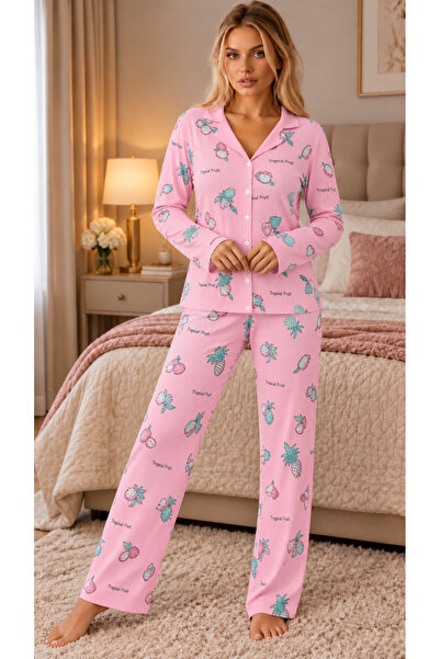 trendlina Cotton Buttoned Double Milan Pajama Set Pink Patterned