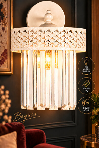 Begüsa Sitrus Aplik Beyaz, Lux Kristal Taşlı Duvar Apliği, Modern Dekoratif A...