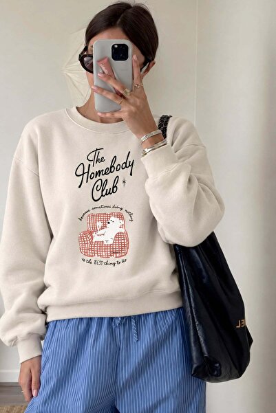 Monila Kadın Premium Kumaş 3 İplik Şardonlu Ayıcık Baskılı Sweatshirt