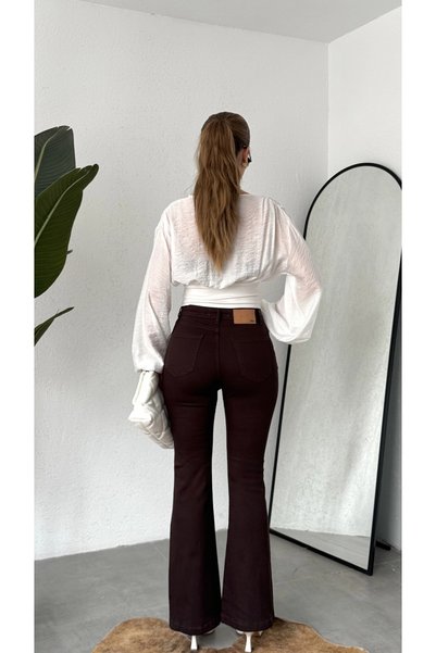 asfamoda Women's Brown High Waist Spanish Leg Jeans Stretchy Denim Daily Casual Wide Leg Jeans Pants
