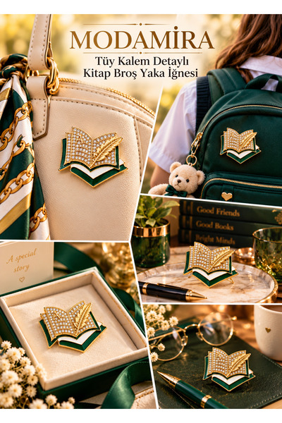 modamira Tüy Kalem Detaylı Kitap Broş/Yaka İğnesi El Emeği Mineli Kristal Taşlı
