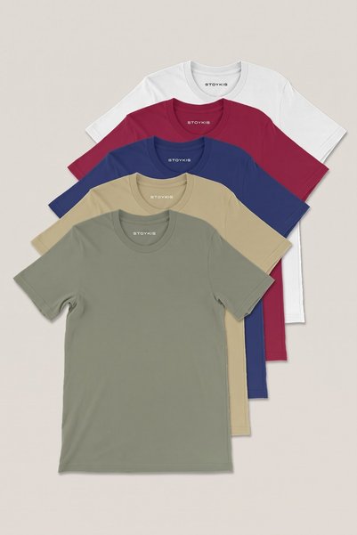 Stoykis Men White Burgundy Navy Blue Earth Khaki 100% Cotton 5-Pack T-shirt Package Regular Fit