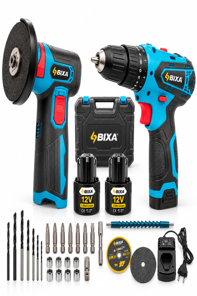 bixa 12V Çift Akülü Şarjlı Vidalama Matkap ve Mini Avuç Taşlama Makinesi Seti...