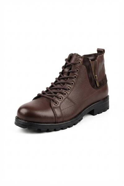 Slope Men's Brown Genuine Leather Lace-Up and Zippered Casual Boots with Fur ...